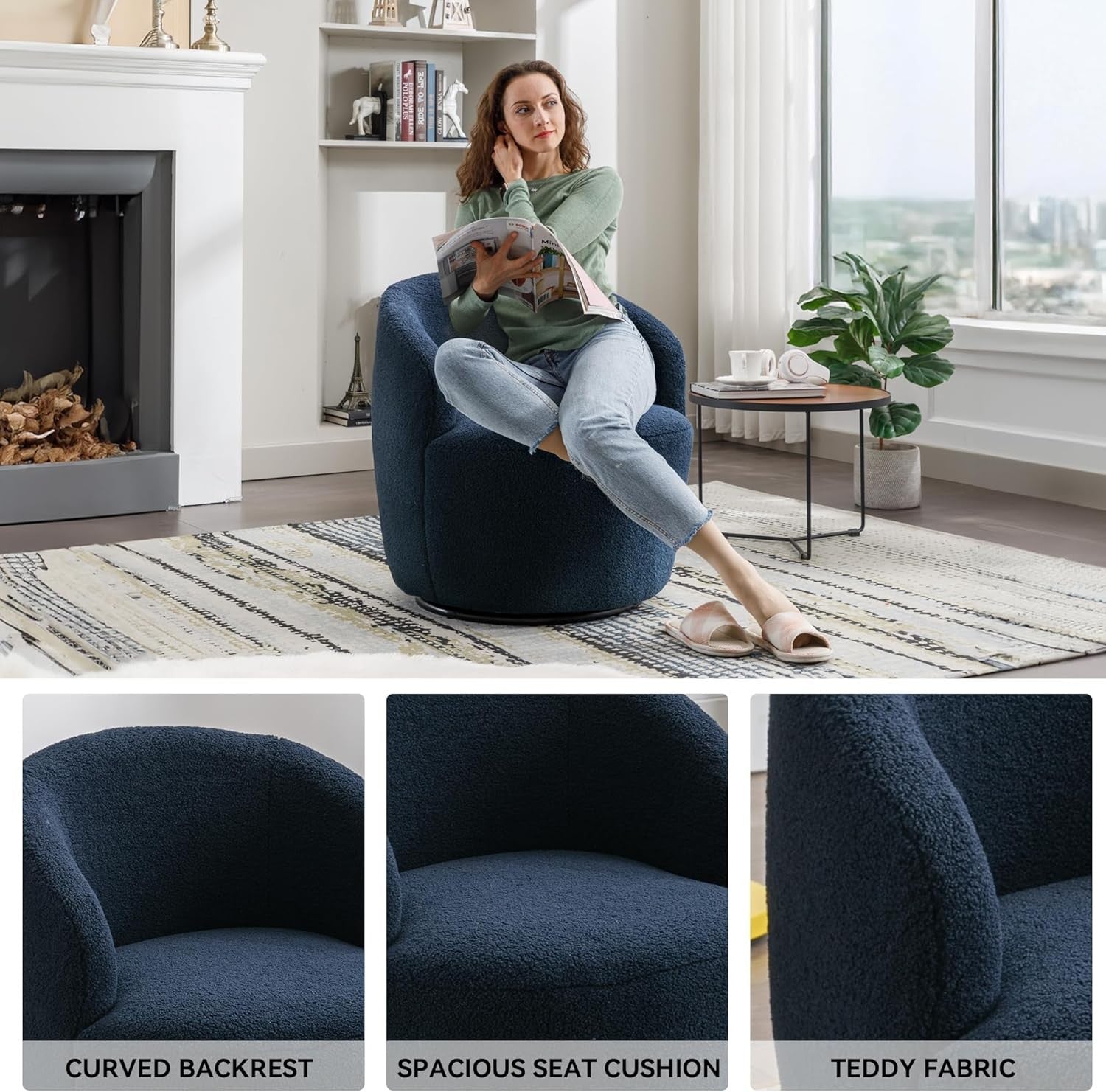 Blue Teddy Swivel Cuddle Chair 360° Boucle Accent Armchair