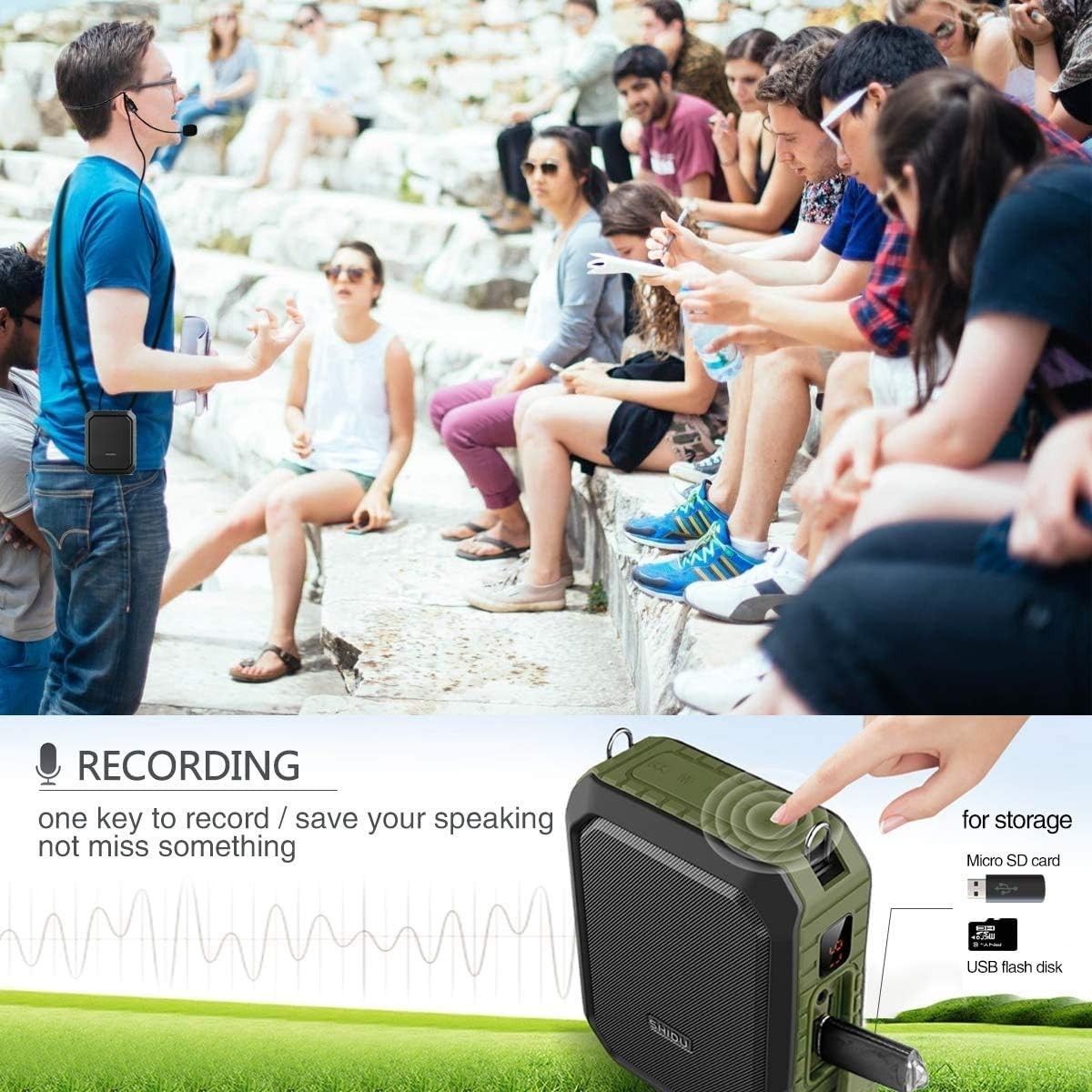 18W Voice Amplifier Wired Mic Bluetooth 12H Waterproof