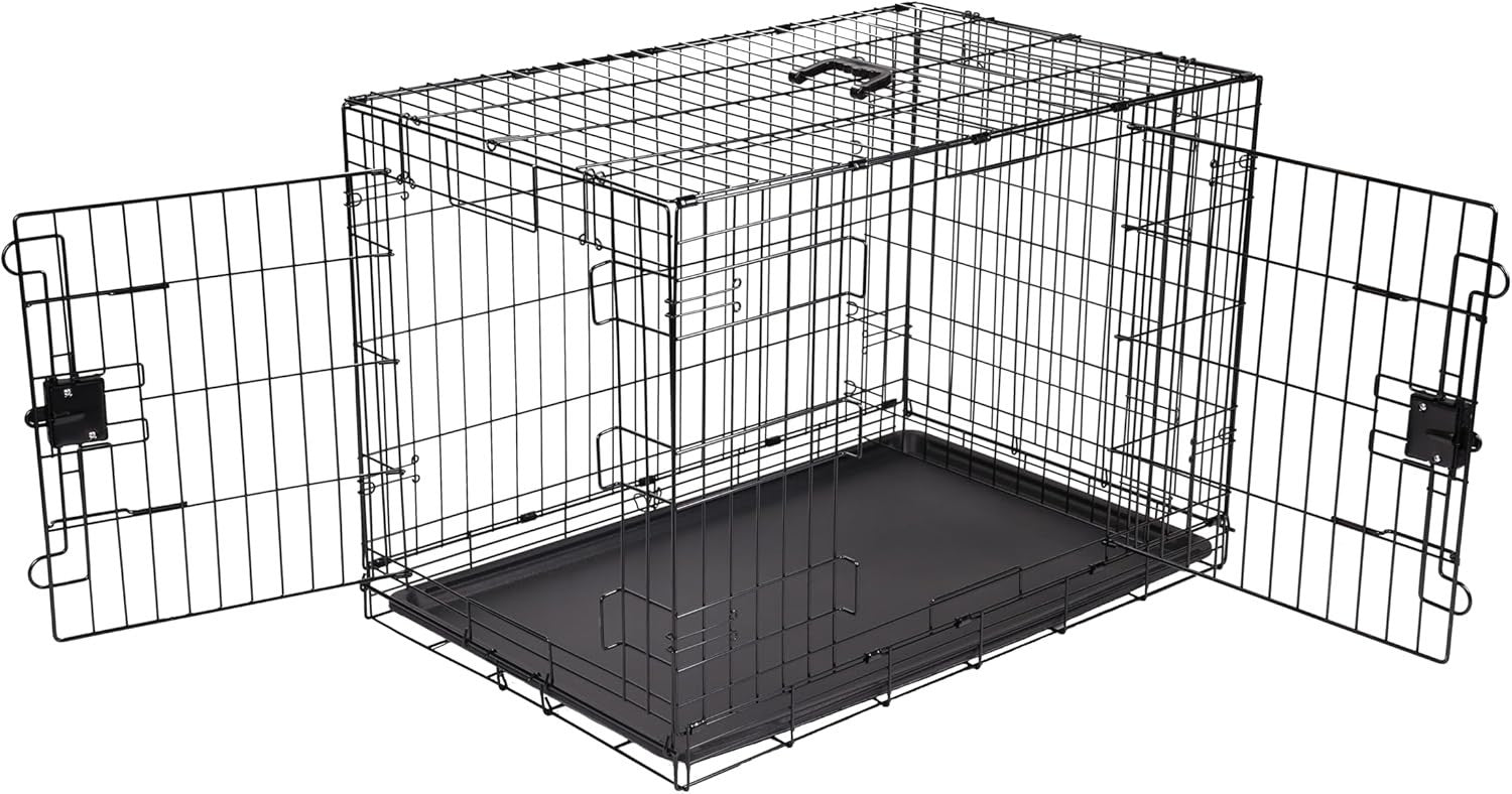 Large Double Door Foldable Metal Dog Crate Cage with Divider & Tray 91cm