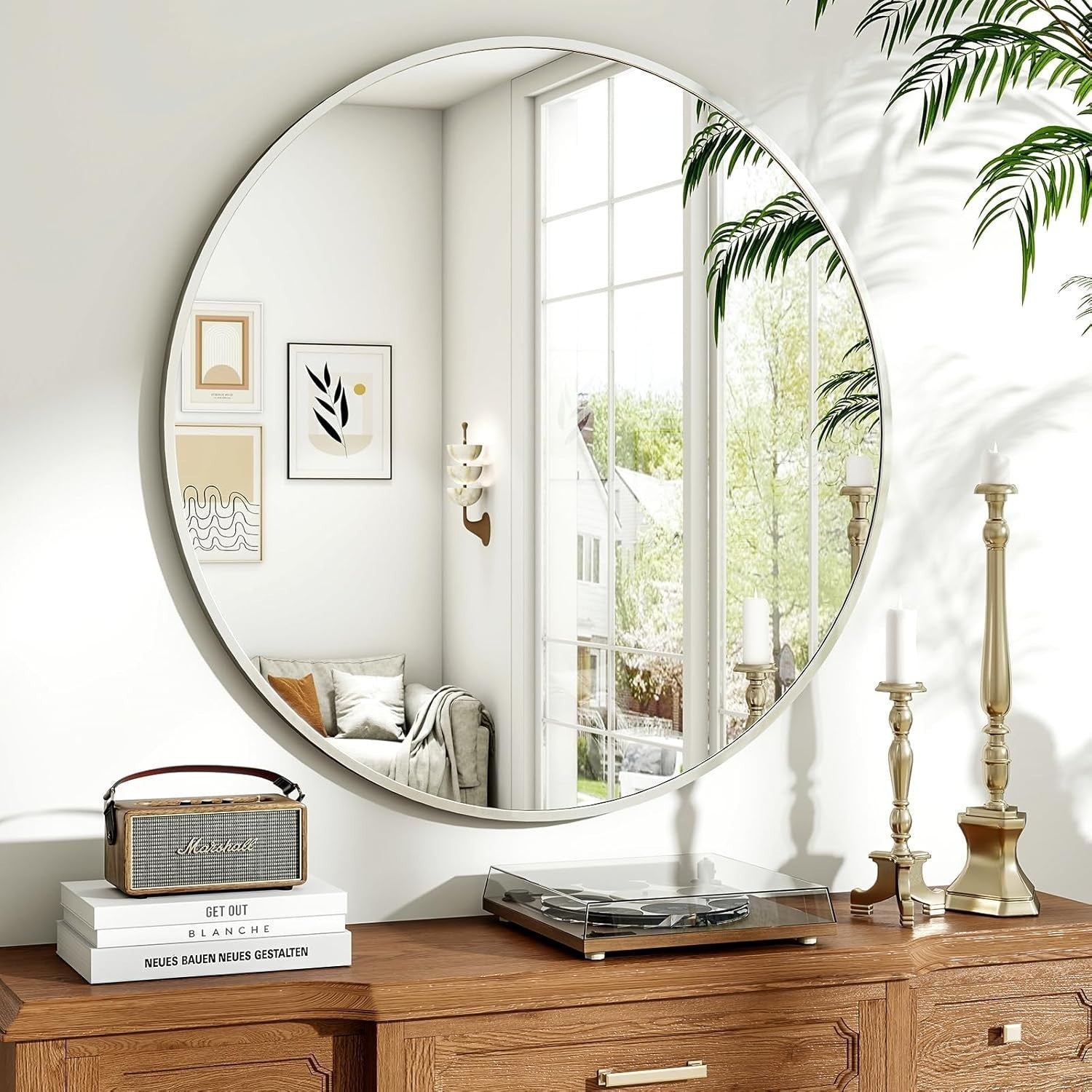 Large Round Wall Mirror 91x91cm | Shatterproof HD Glass | Stylish Aluminum Frame