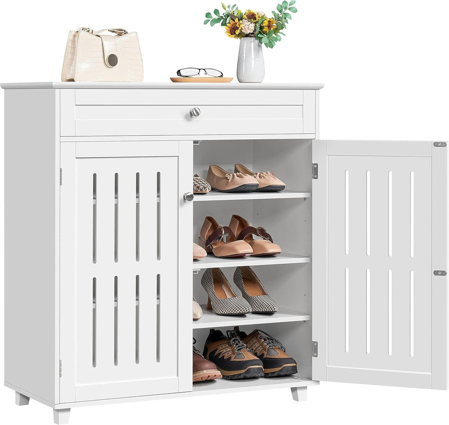 Modern White Shoe Cabinet Storage Unit with Drawer & 2 Doors – 4 Tier