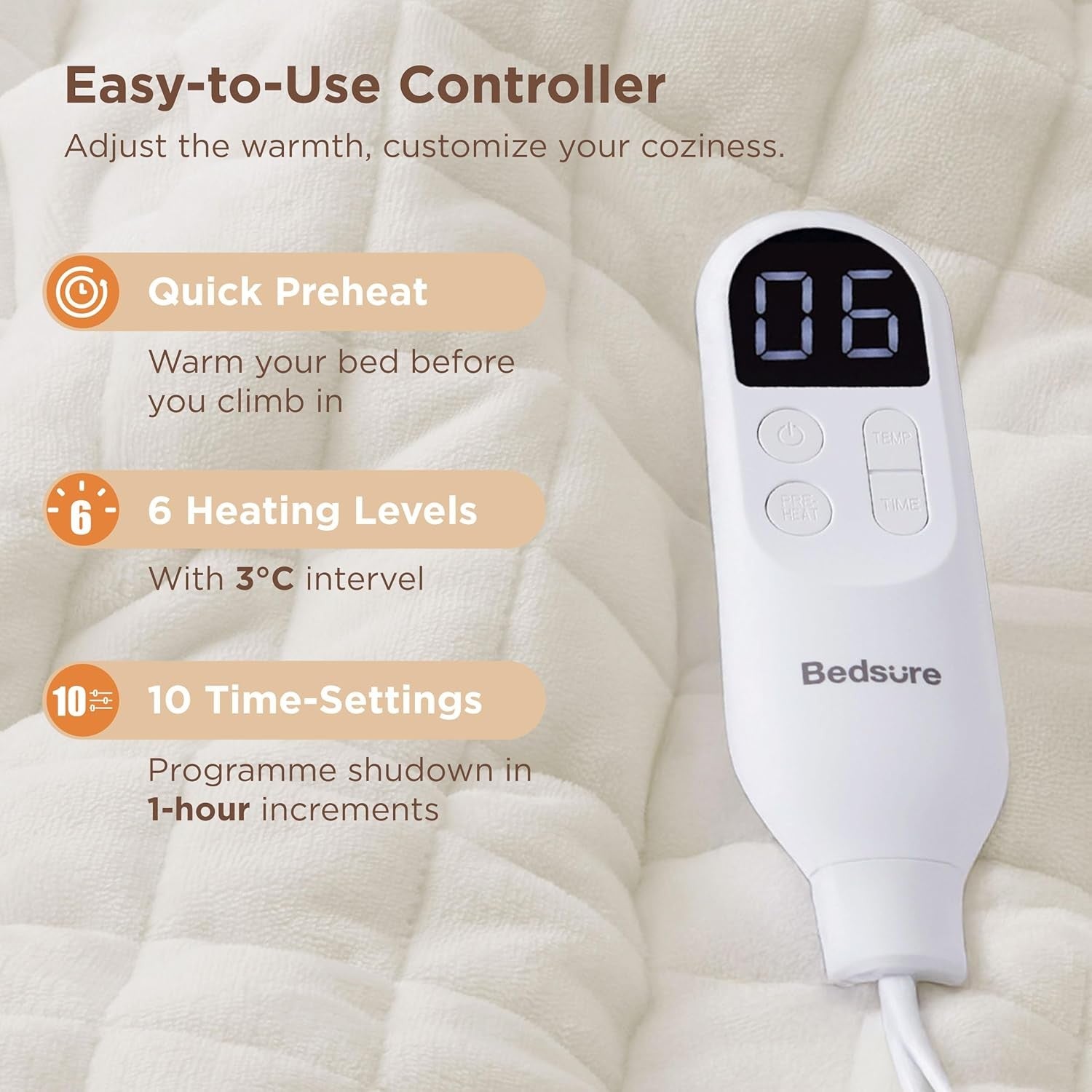 White Quilted Electric Heated Throw Blanket 6 Heat Timer Fast Warm 160x130cm