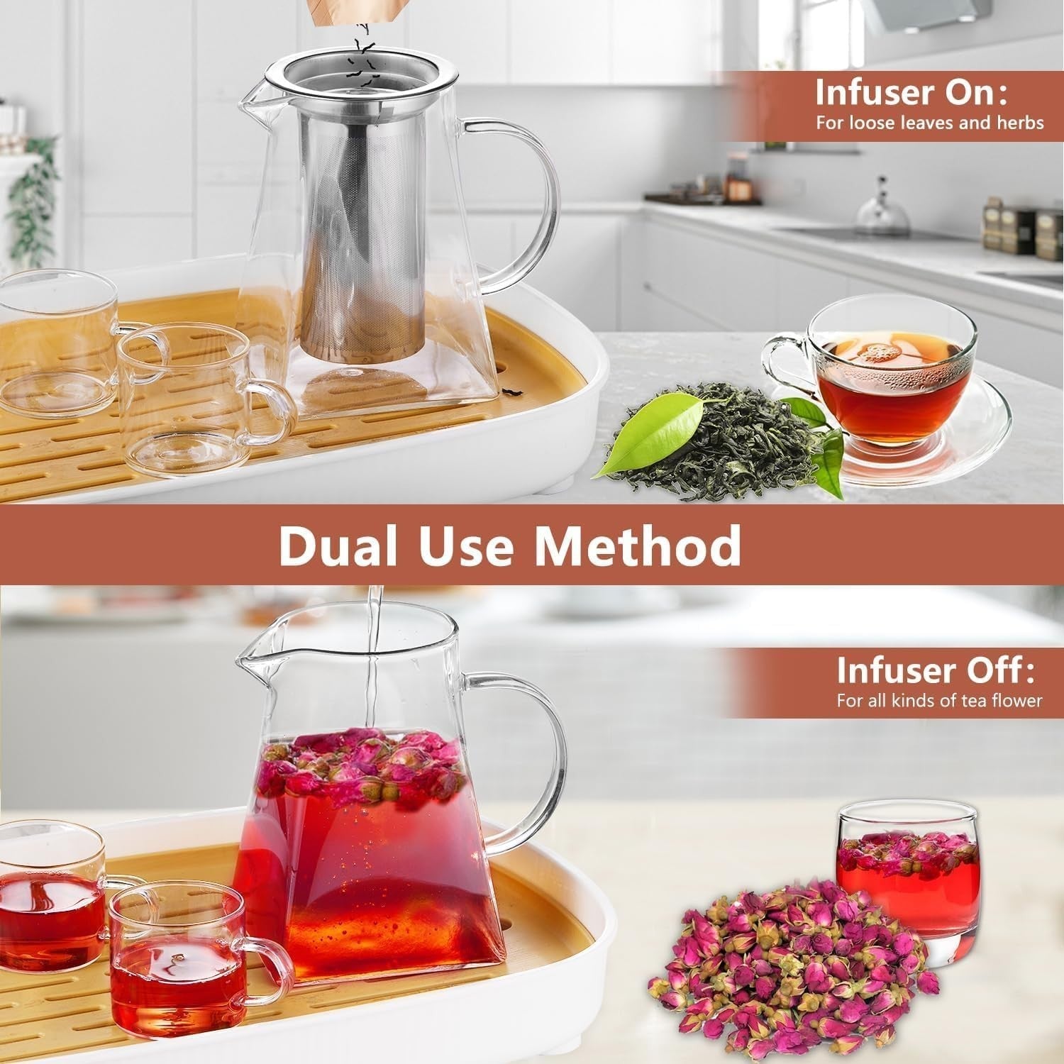 950ml Glass Teapot with Infuser & 4 Cups Loose Leaf Tea Set Clear