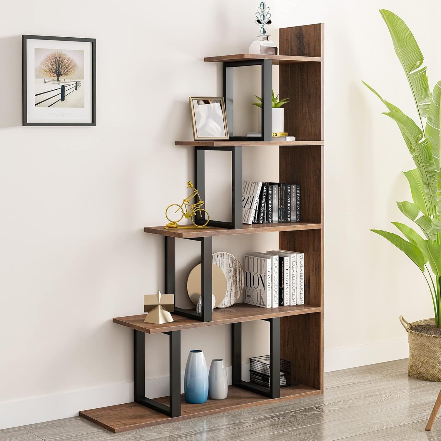 5-Tier L-Shaped Ladder Bookcase | Industrial Retro Brown Corner Shelf Unit