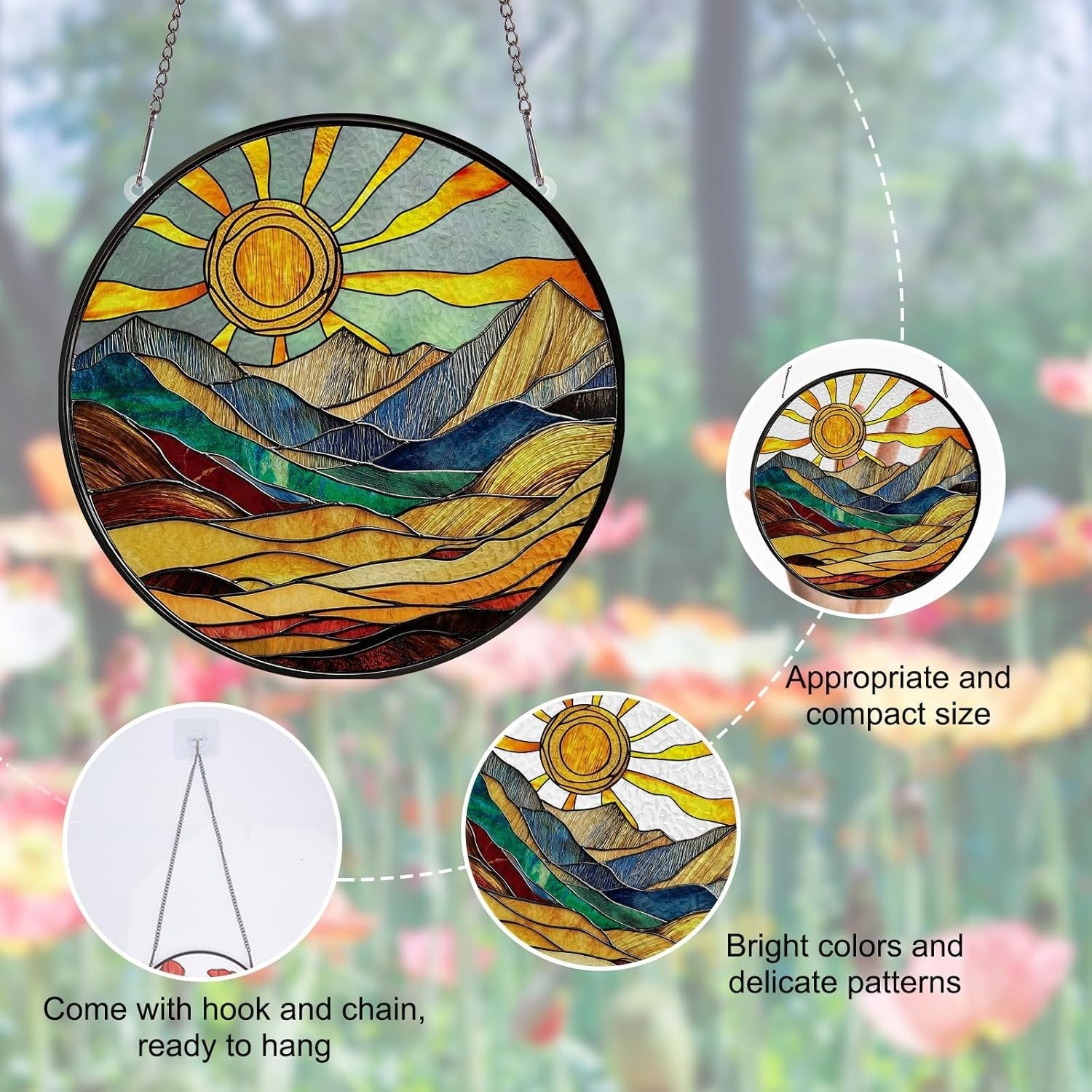 Boho Sun Stained Glass Suncatcher 5.9" Window Hanging Decor
