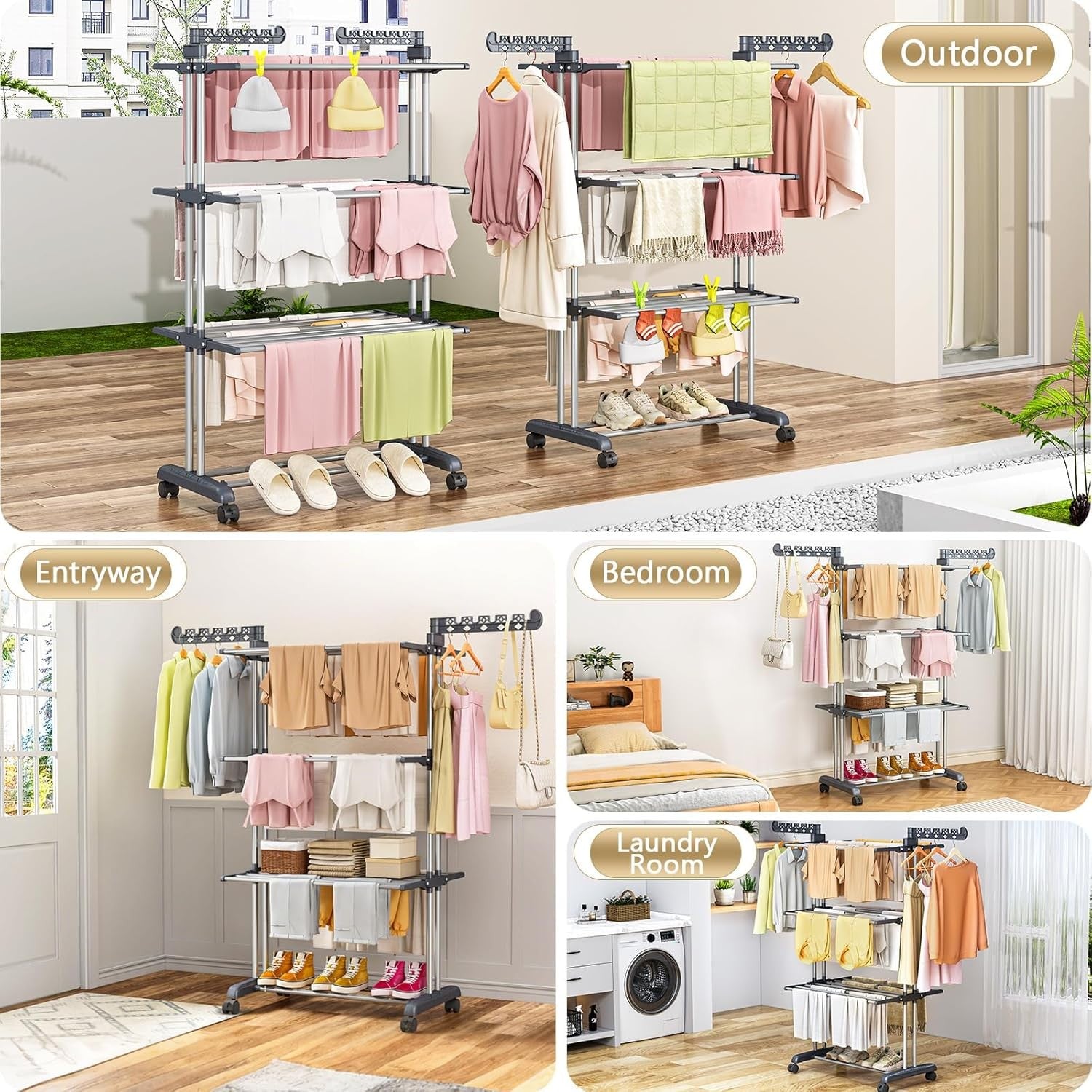 4 Tier Clothes Airer Large Folding Drying Rack with Wheels Indoor Outdoor