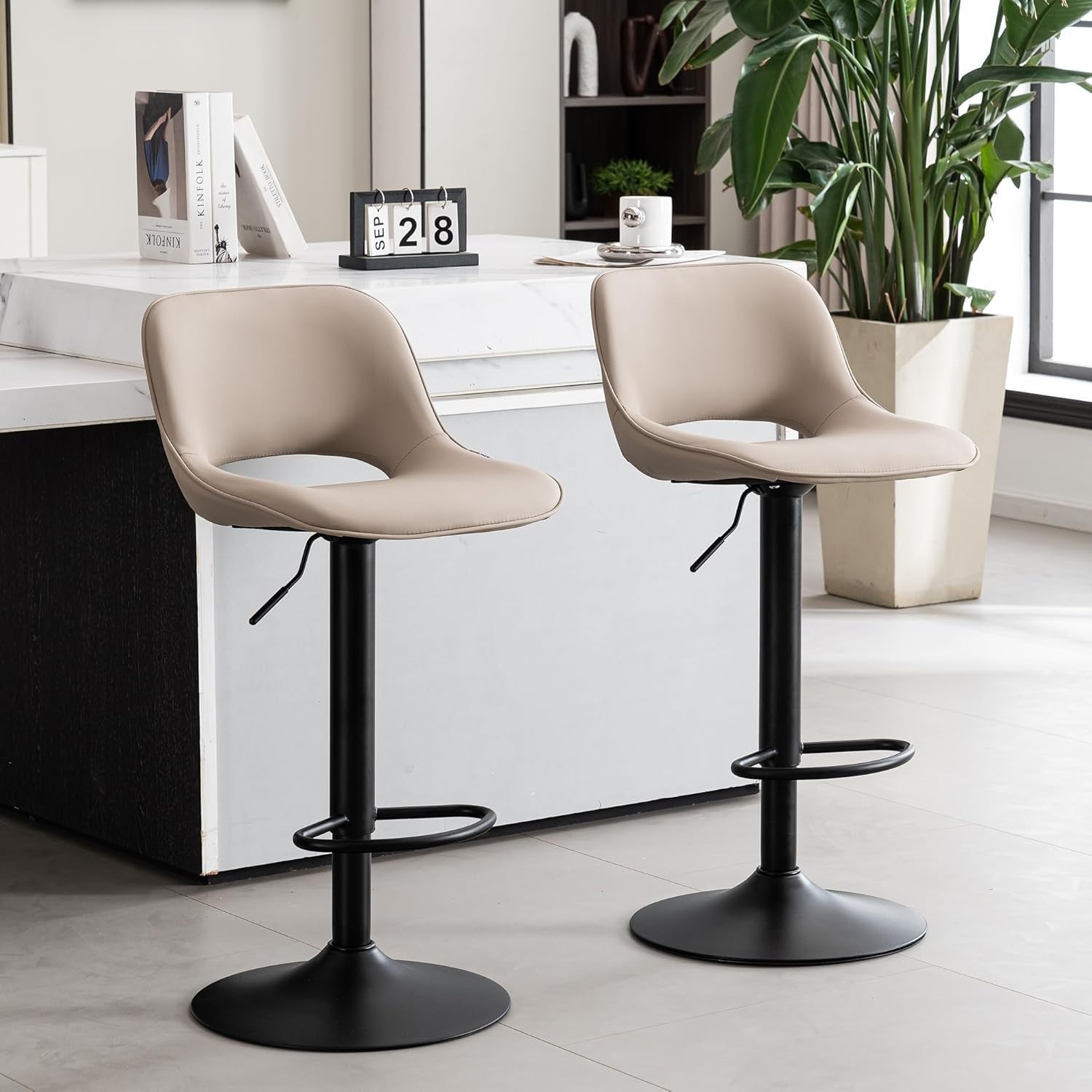 Adjustable Swivel Bar Stools 2pcs Faux Leather Counter Height Khaki