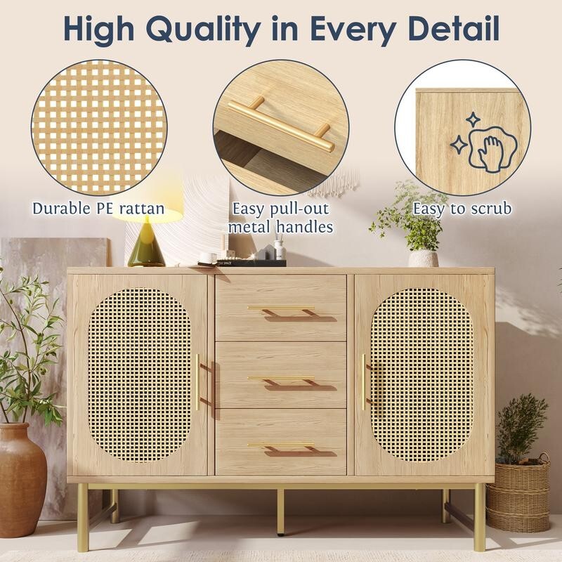 Rattan Sideboard Storage Cabinet Oak 2 Door 3 Drawer Hallway Unit