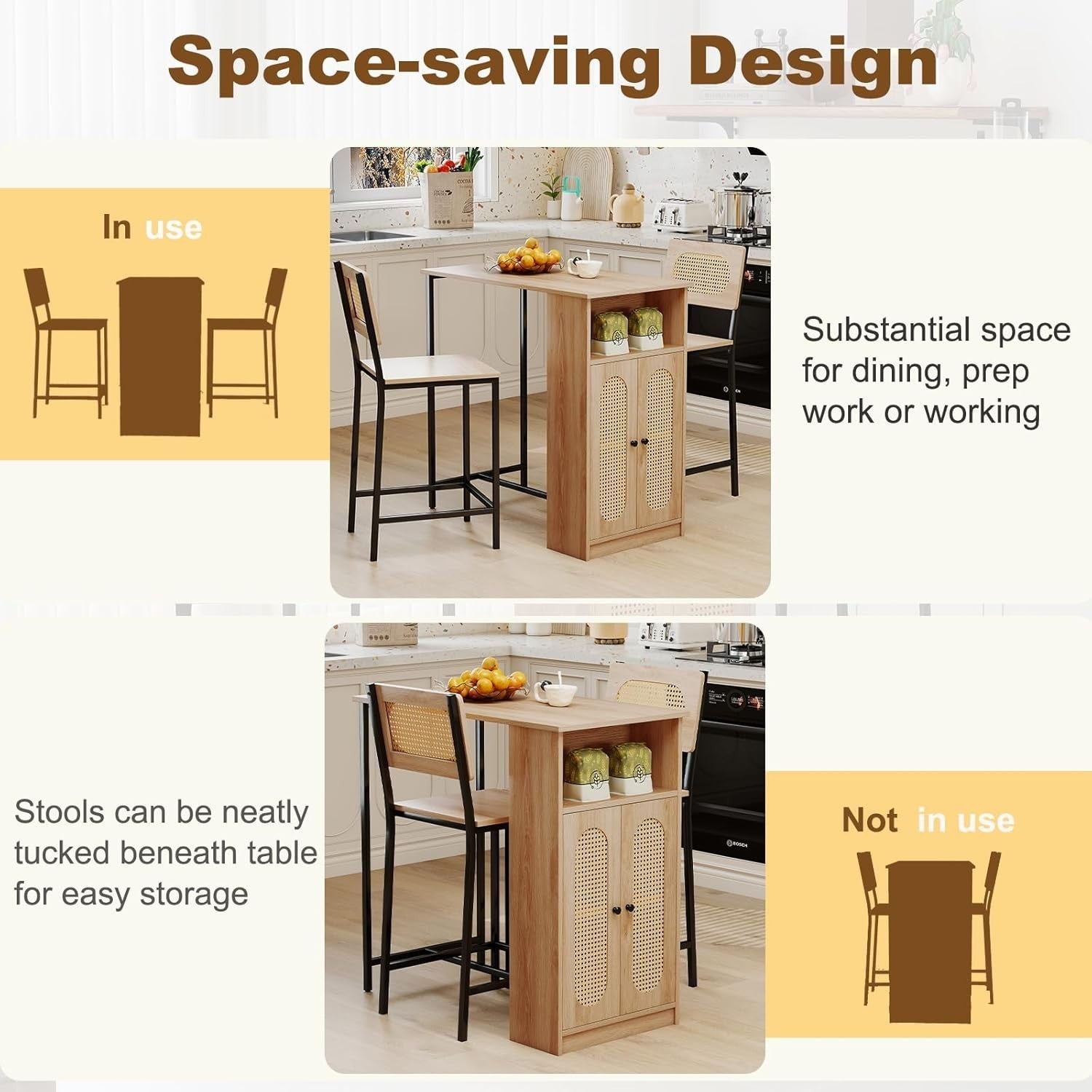 3Pcs Rattan Bar Table Set with Storage Cabinet & 2 Chairs Natural Wood Furniture