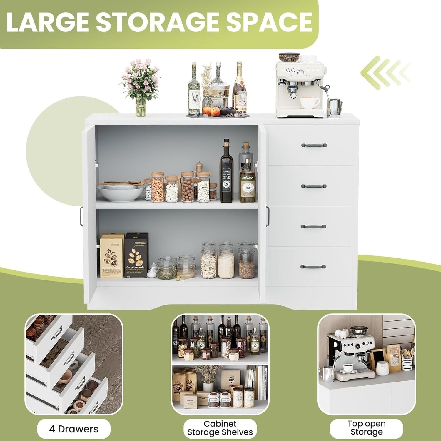 White Sideboard Buffet Cabinet 4 Drawer Adjustable Shelf Kitchen Storage