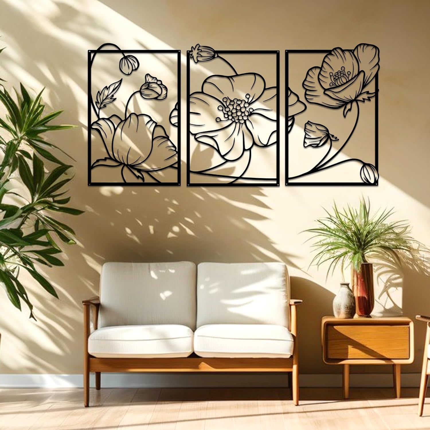 3Pcs Black Metal Flower Wall Art Minimalist Floral Decor