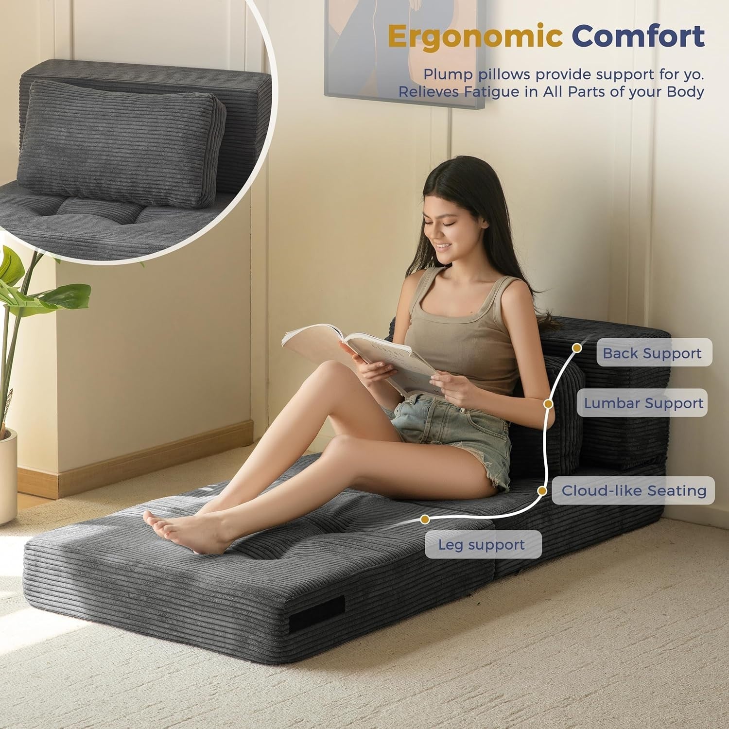 Tri-Fold Folding Sofa Bed Chair Futon Single Z Bed Foam Mattress Lounge