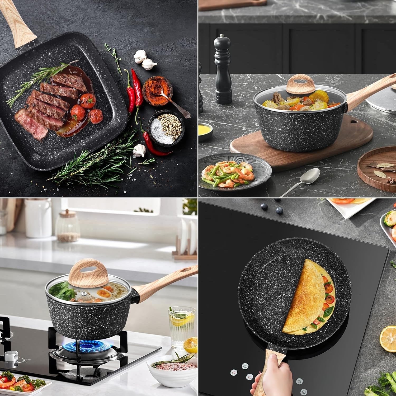 19pcs Black Granite Non-Stick Cookware Set – Induction Safe, All Hobs, PFOA Free