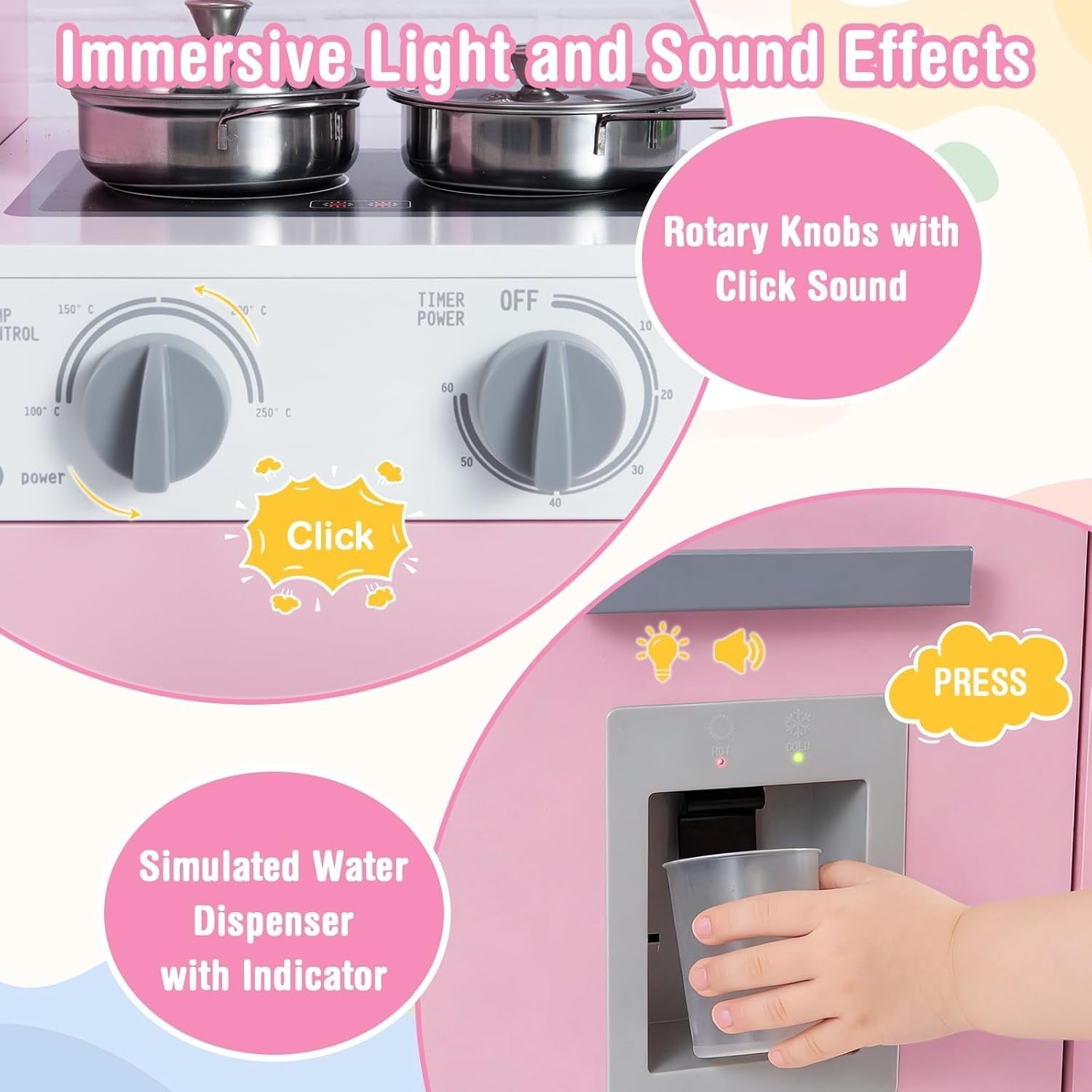Pink Kids Wooden Play Kitchen Lights Sounds Washer Coffee Toy