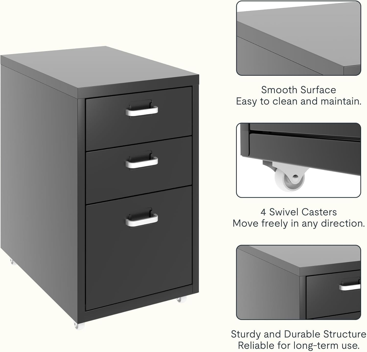 Black Mobile Filing Cabinet 3 Drawer A4 Under Desk Office Storage