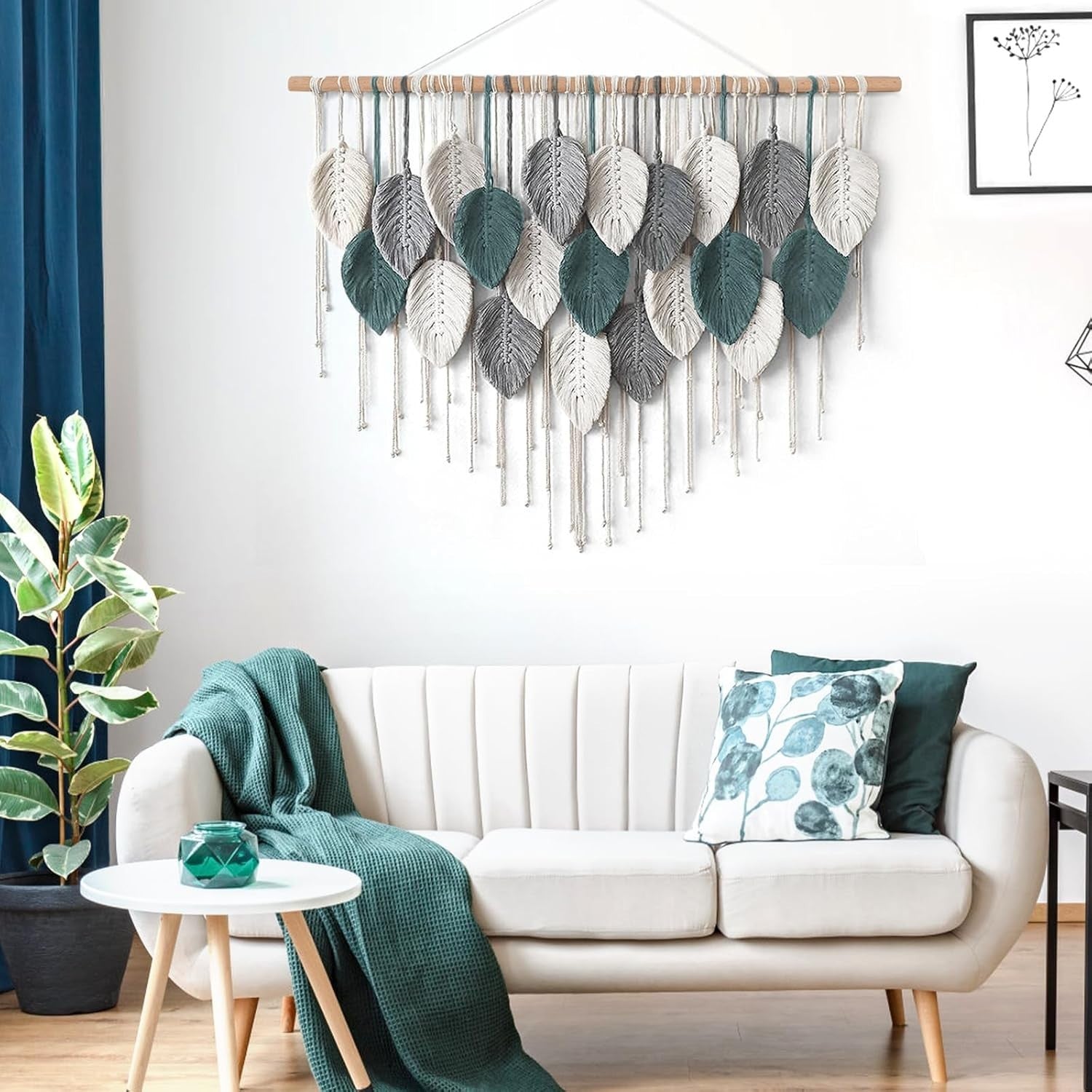 Large Macrame Wall Hanging Boho Leaf Woven Tapestry Teal
