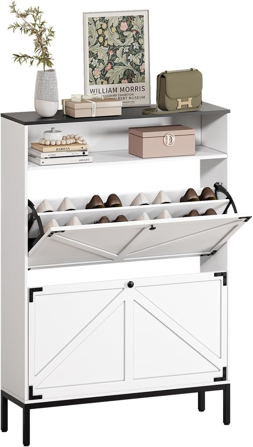 3 Tier Shoe Storage Cabinet with 2 Flip Doors & Open Shelf – 80x24x114cm