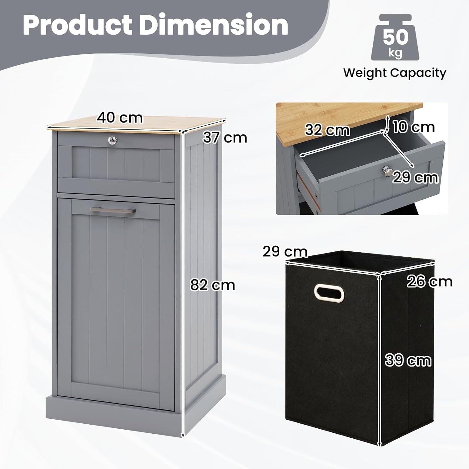 Grey 30L Tilt-Out Laundry Cabinet With Drawer Bamboo Top Modern Storage