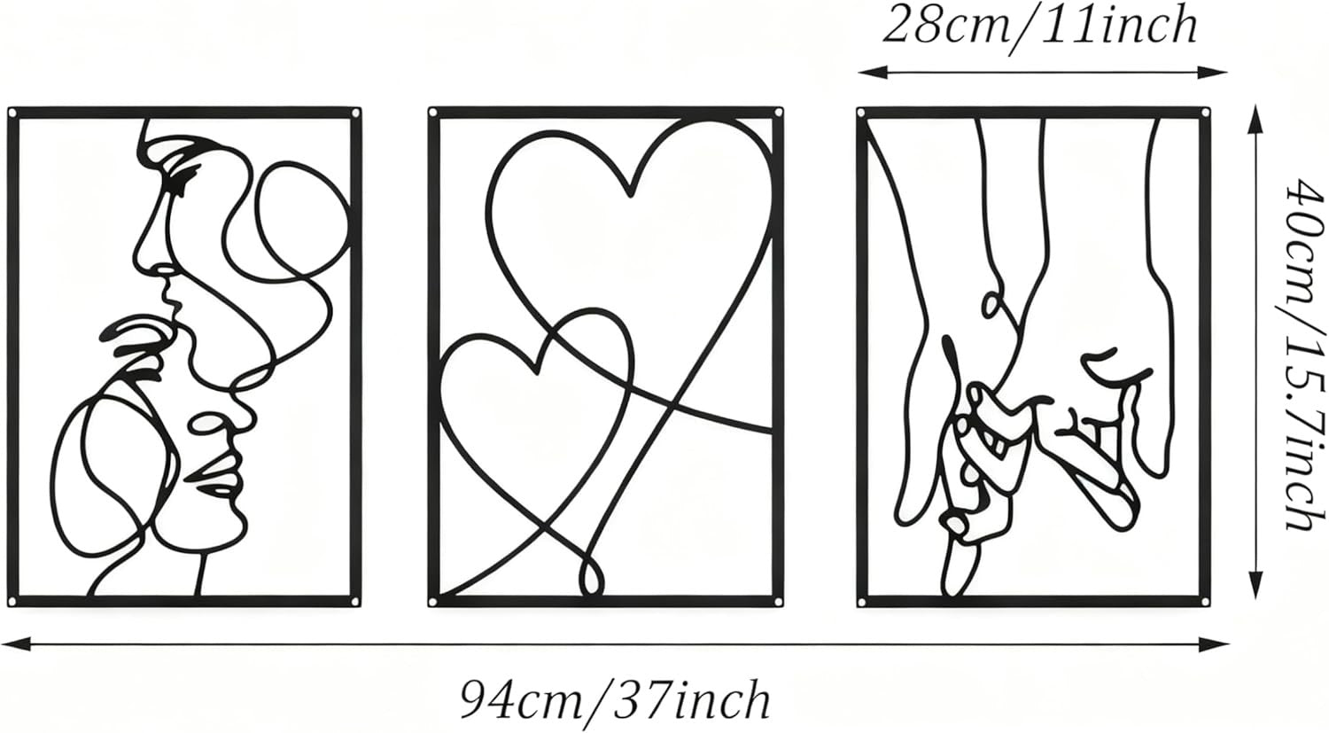 Black Metal Wall Art Set of 3 Modern Line Love Abstract 40x28cm
