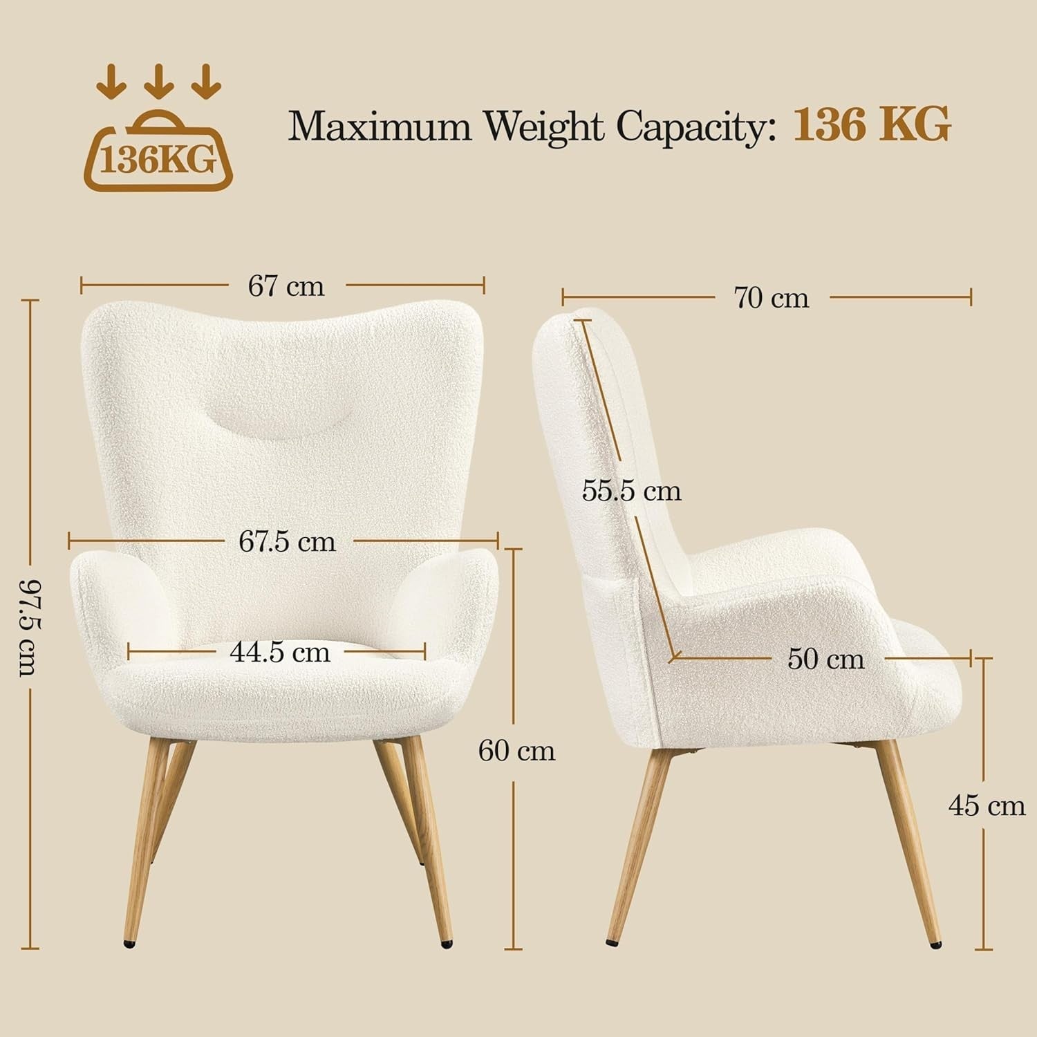 Cozy Sherpa Fuzzy Tub Chair with High Back & Wooden Legs for Living Room
