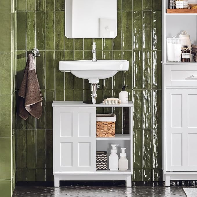White Under Sink Bathroom Cabinet 60cm Vanity Unit with Sliding Doors Storage