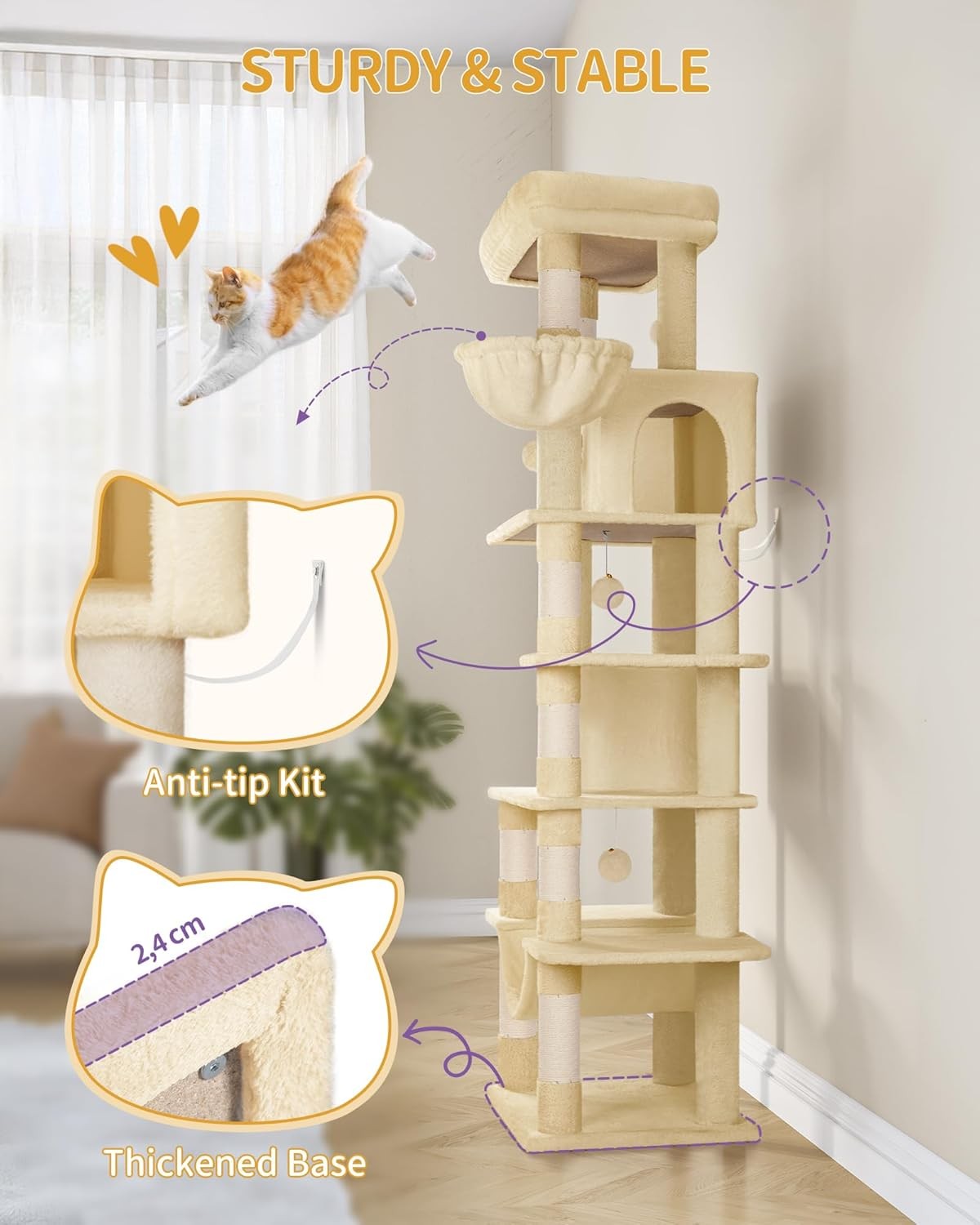 Large Cat Tree 170cm Multi Level Tower with Condo Hammock Scratch Posts