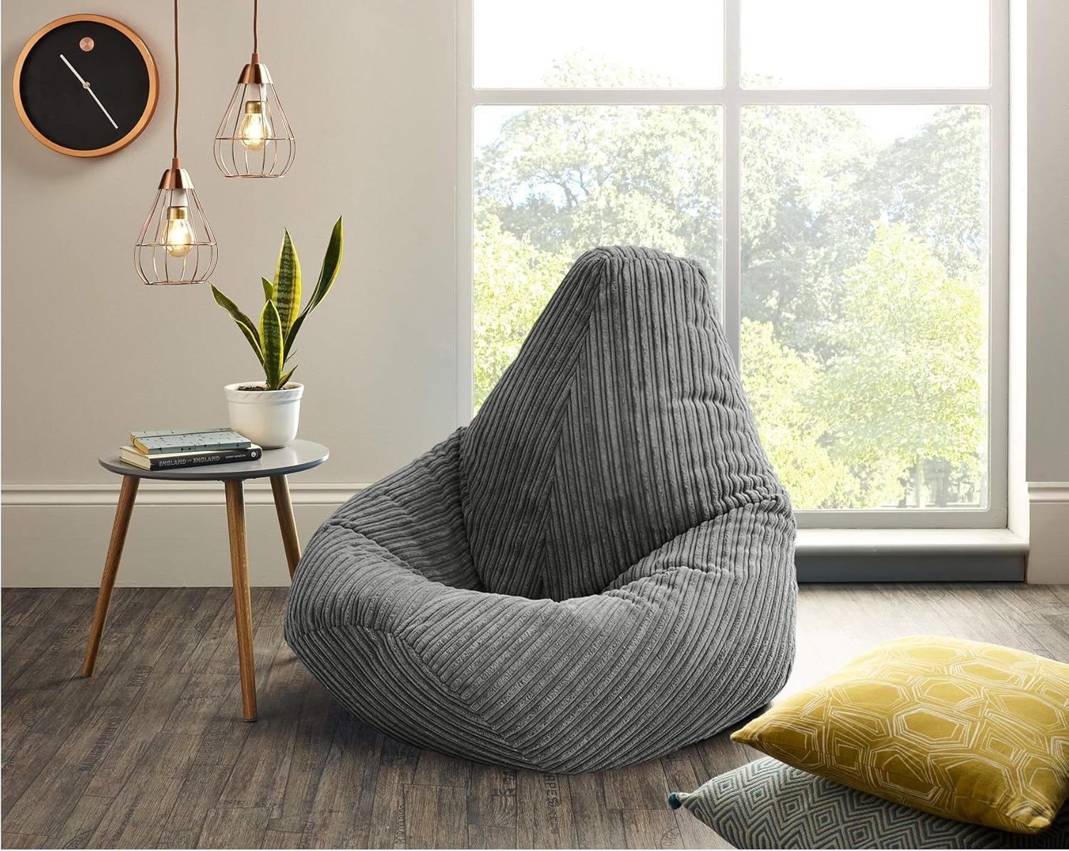 Grey Jumbo Cord Bean Bag Chair Adult High Back Seat Lounger Recliner