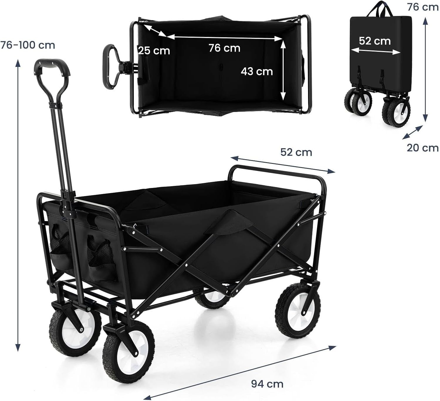 Folding Festival Trolley Wagon 82L Heavy Duty Cart All Terrain Wheels Black