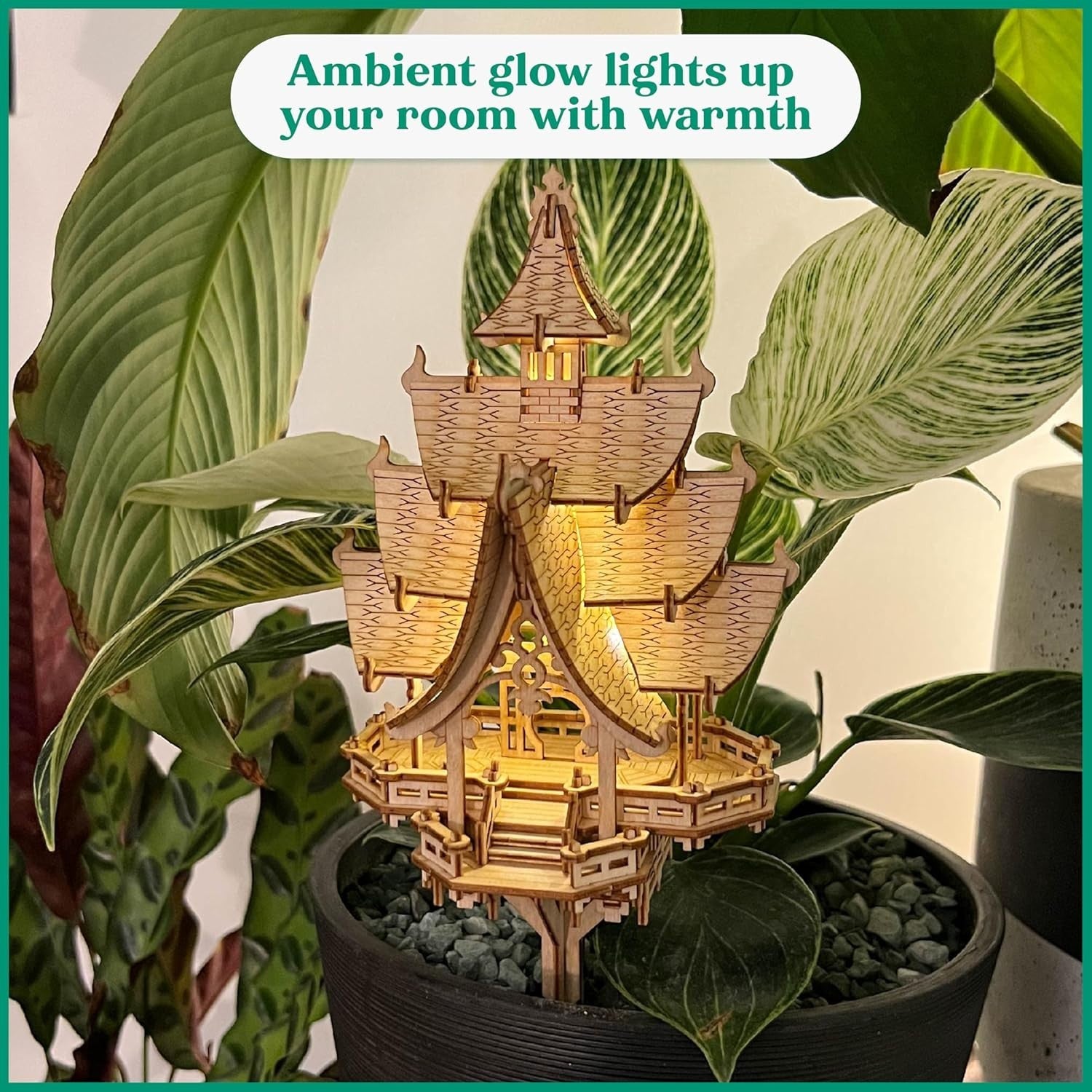 3D Wooden Temple Puzzle w/ LED Lights – 83pc DIY Plant Decor Kit Gift