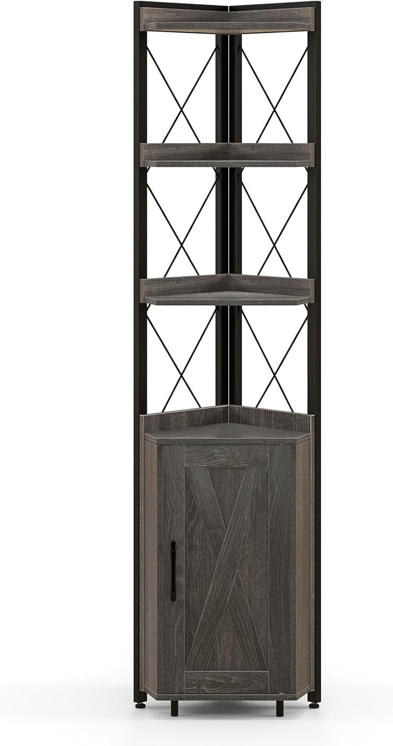 Grey 6-Tier Corner Bookcase Tall Freestanding Storage Shelf with Cabinet