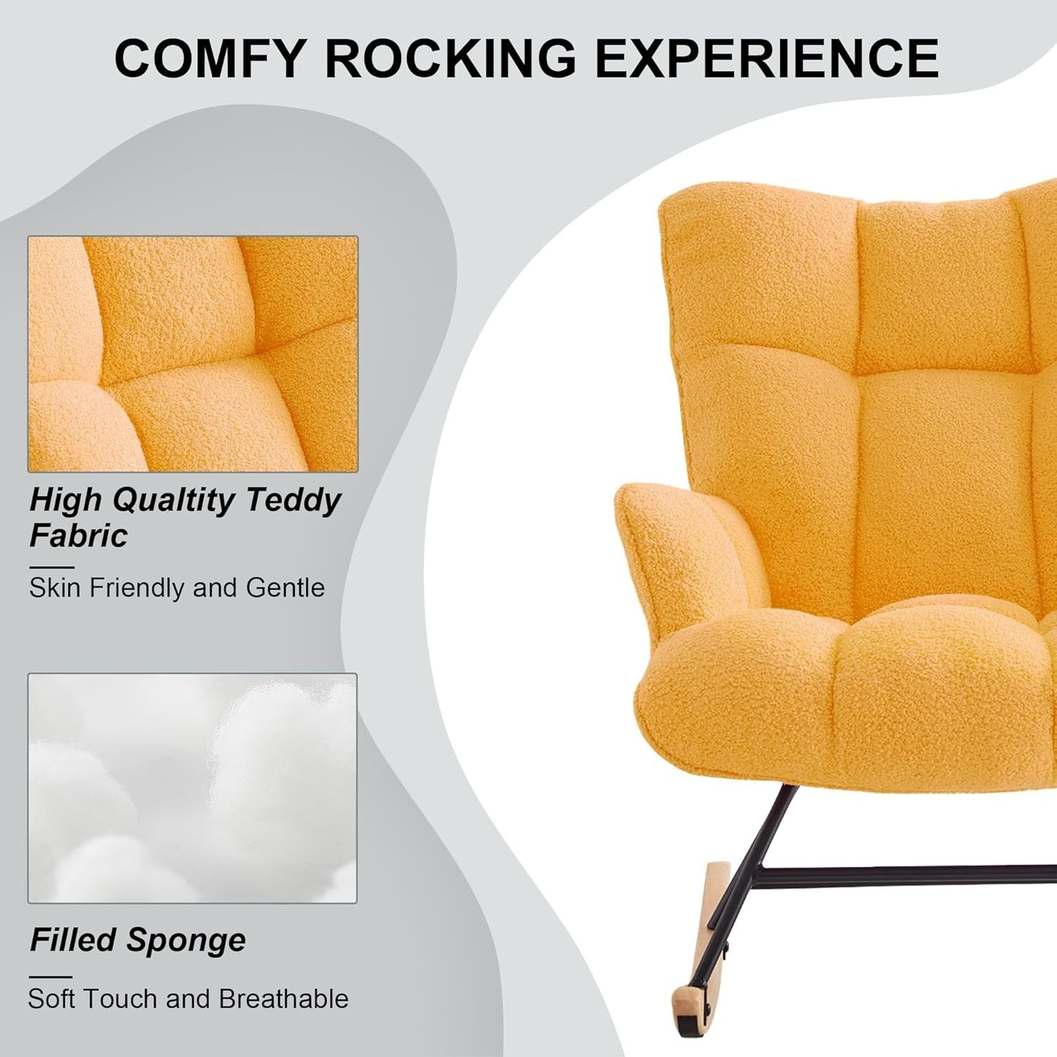 Rocking Chair Nursery Glider Comfy Armchair High Back Padded Seat Yellow Teddy