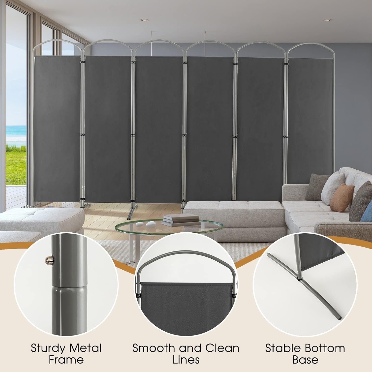 6 Panel Grey Folding Room Divider Freestanding Privacy Screen Partition 331x188c