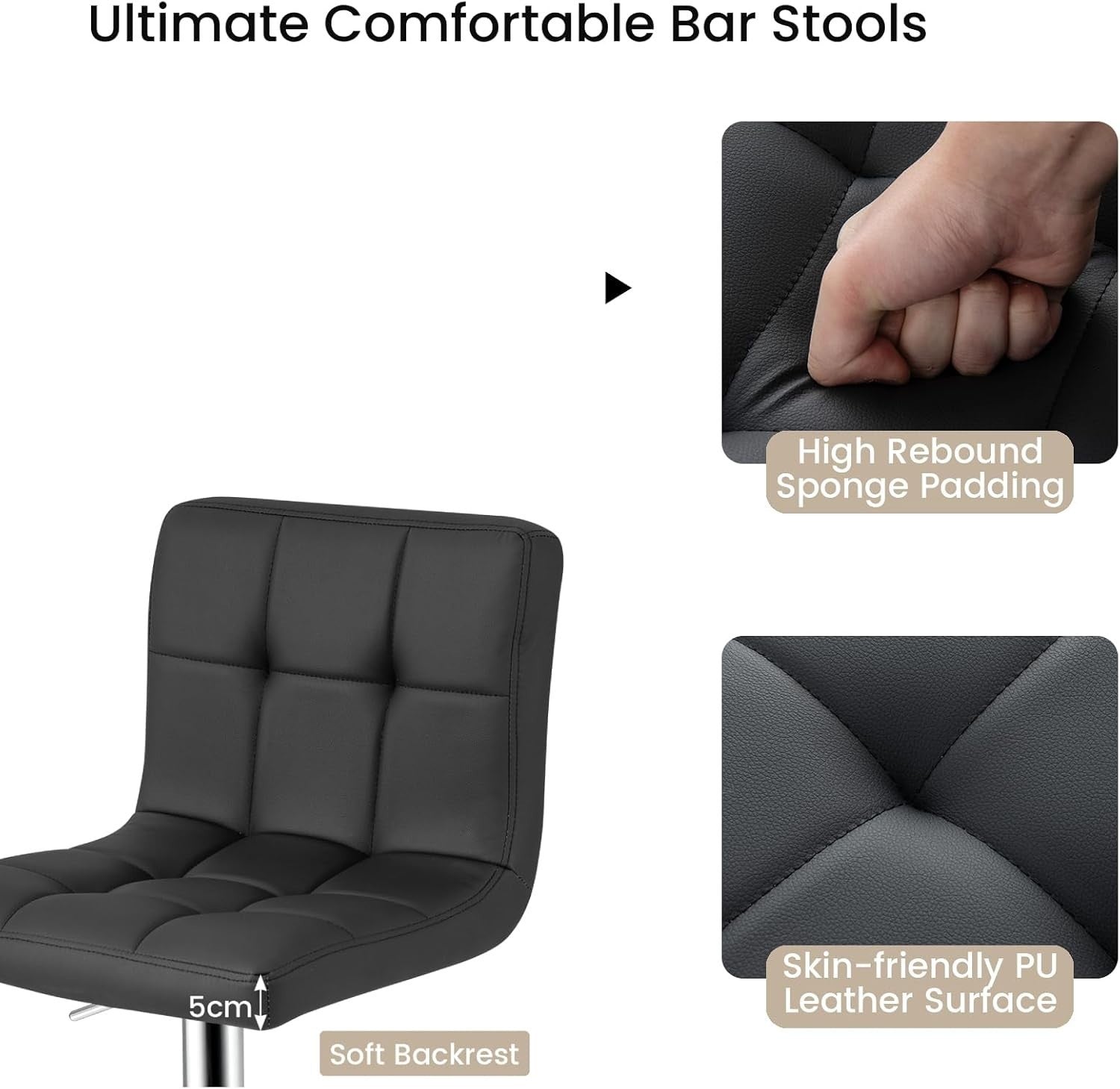 Set of 2 Adjustable Black PU Leather Bar Stools with Swivel & Footrest
