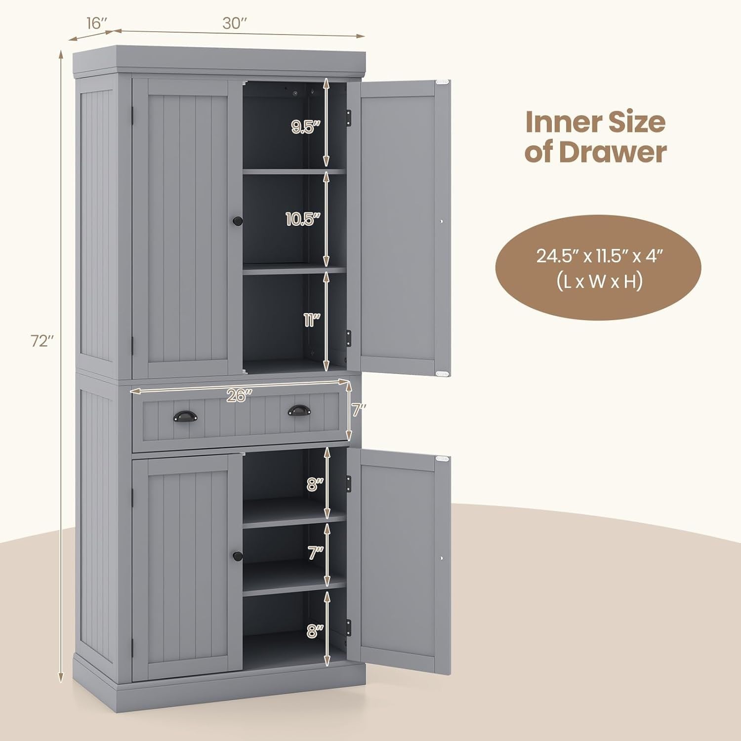 182cm Grey Kitchen Pantry Cupboard | 4 Adjustable Shelves & Drawer