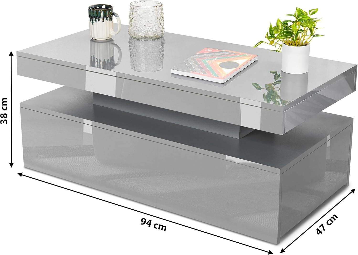 Grey LED Coffee Table with 2 Drawers, High Gloss, RGB Lights 94x47x38cm