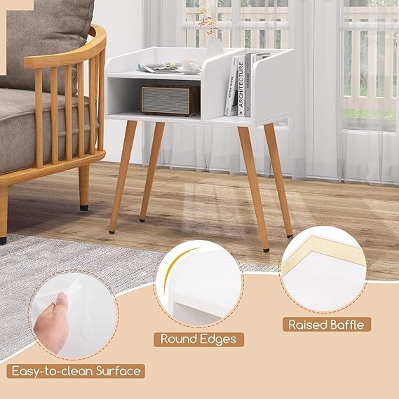 White Wooden Bedside Table with Open Shelves & Metal Legs – Modern Small