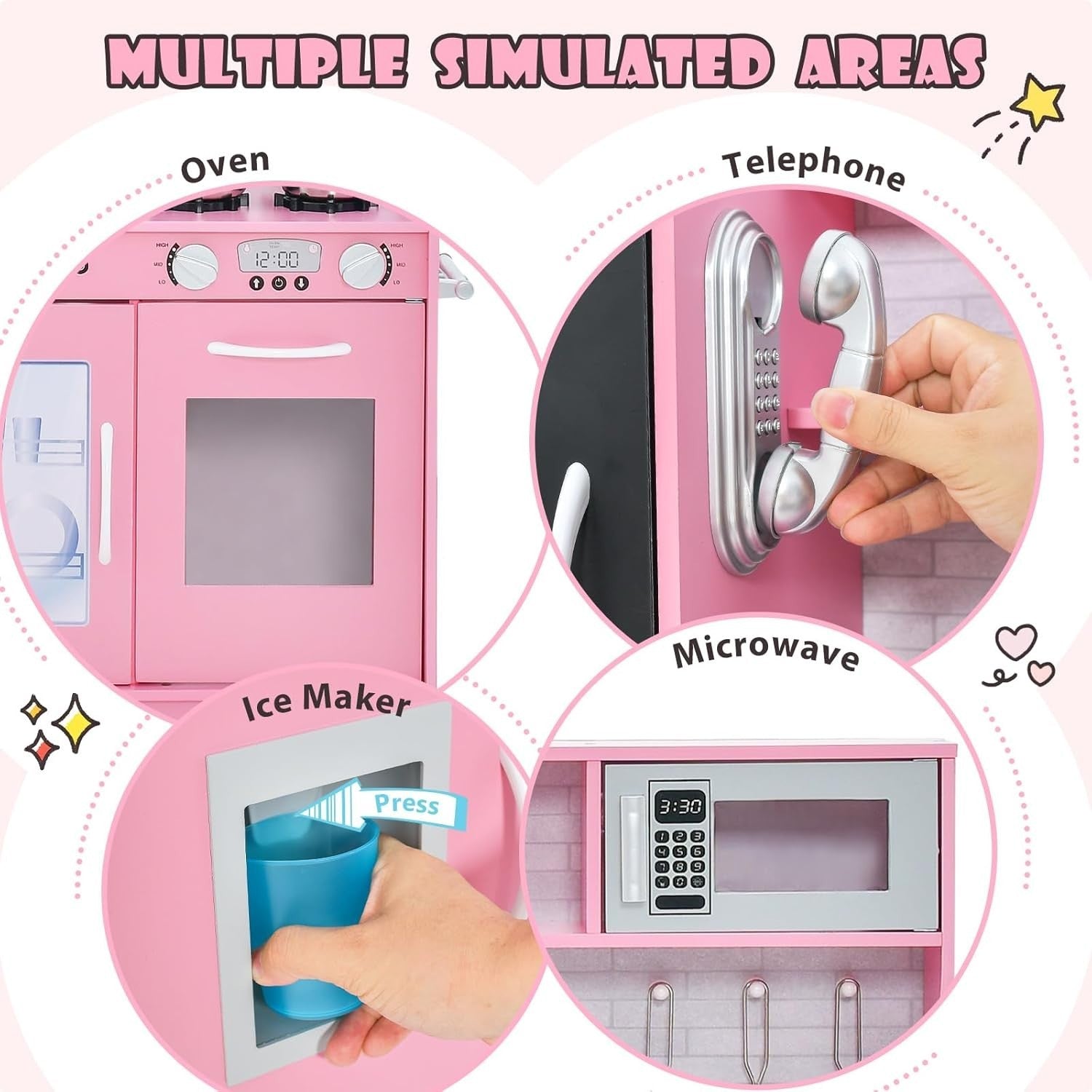 Kids Wooden Play Kitchen Blackboard Microwave Ice Maker Pink Set