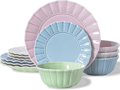 12 Piece Porcelain Dinner Set Colourful Plates Bowls Microwave Dishwasher Safe