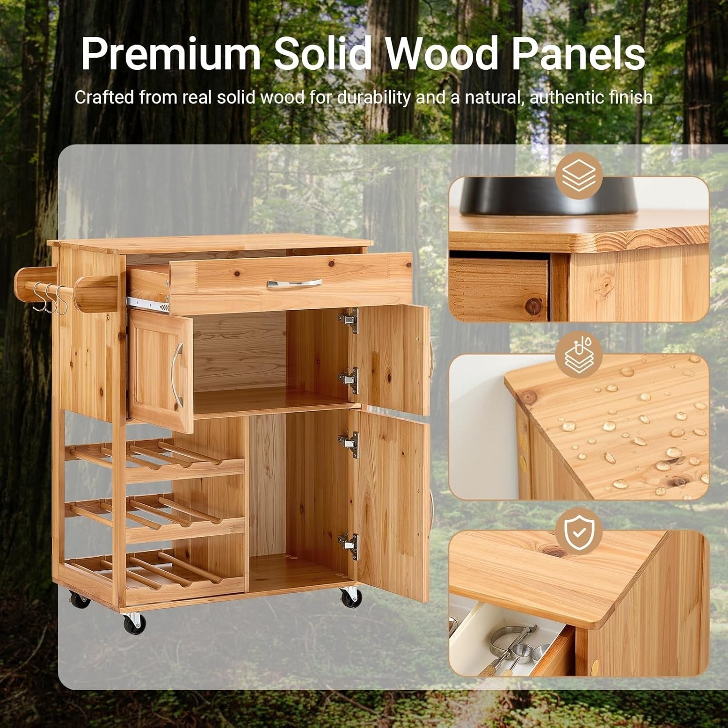 66x38x86cm Solid Wood Kitchen Trolley Wine Rack