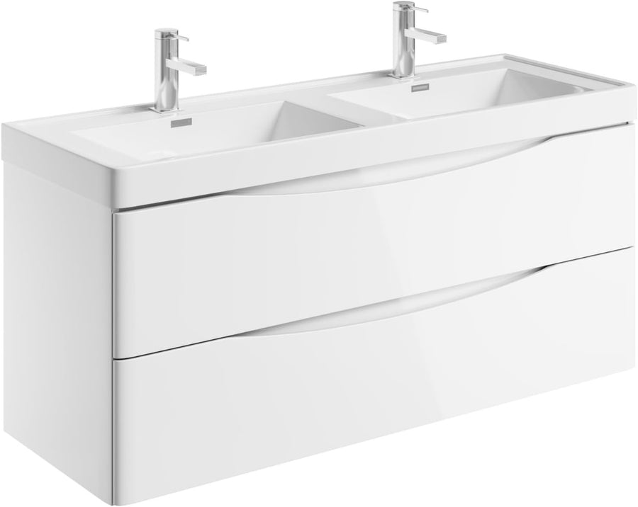 1200mm Wall Hung Vanity Unit White Gloss Double Resin Basin Bathroom Cabinet
