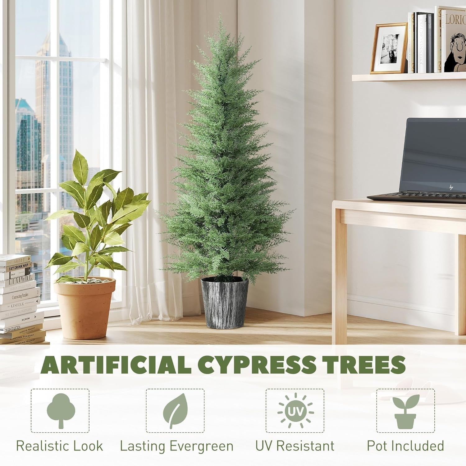 Set of 2 135cm Artificial Cypress Trees UV Resistant Faux Plants w/ Pots Decor