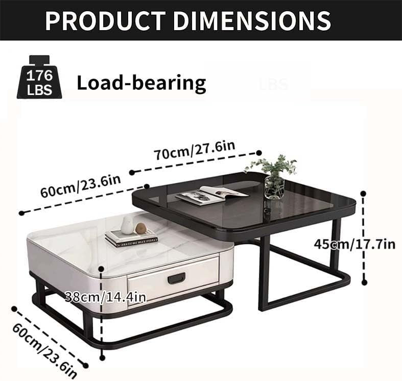 Nesting Coffee Table Set of 2 – Square Storage Tables with Metal Frame