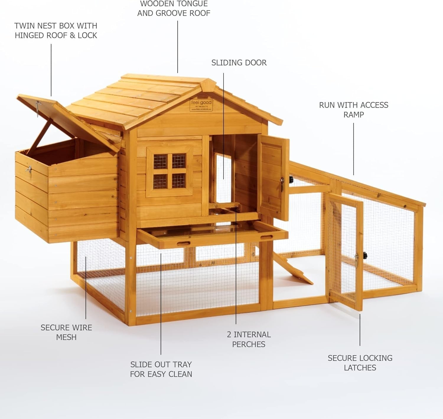 Wooden Chicken Coop with Run Double Nest Box Easy Clean Secure Hen House