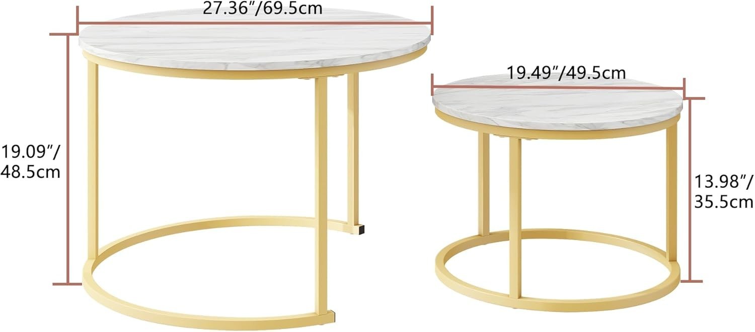 Nesting Coffee Tables Set of 2 Round Side End Table Stacking Living Room Gold Wh