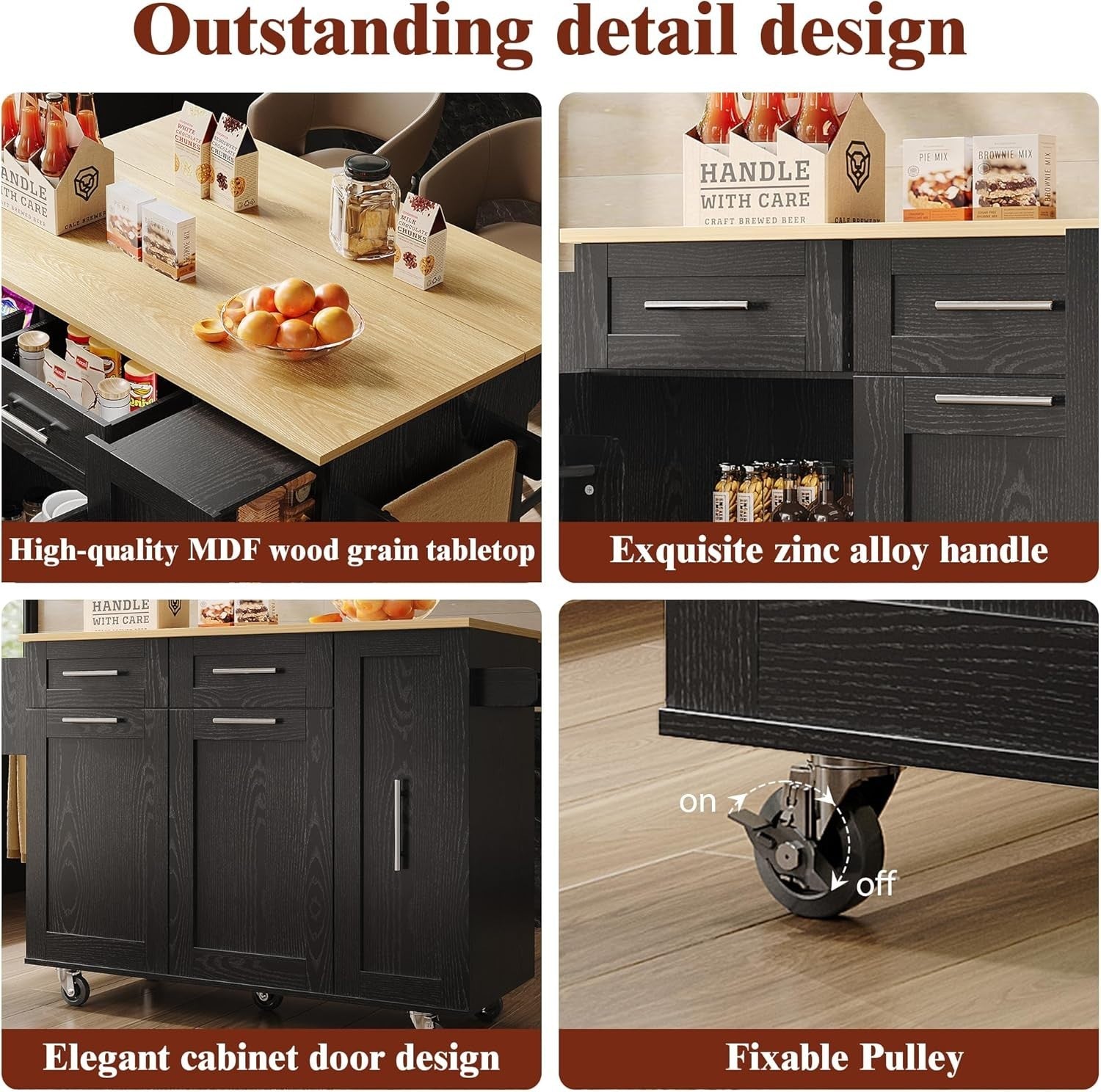 Rolling Kitchen Island Cart with Foldable Countertop, 3 Cabinets & 2 Drawers