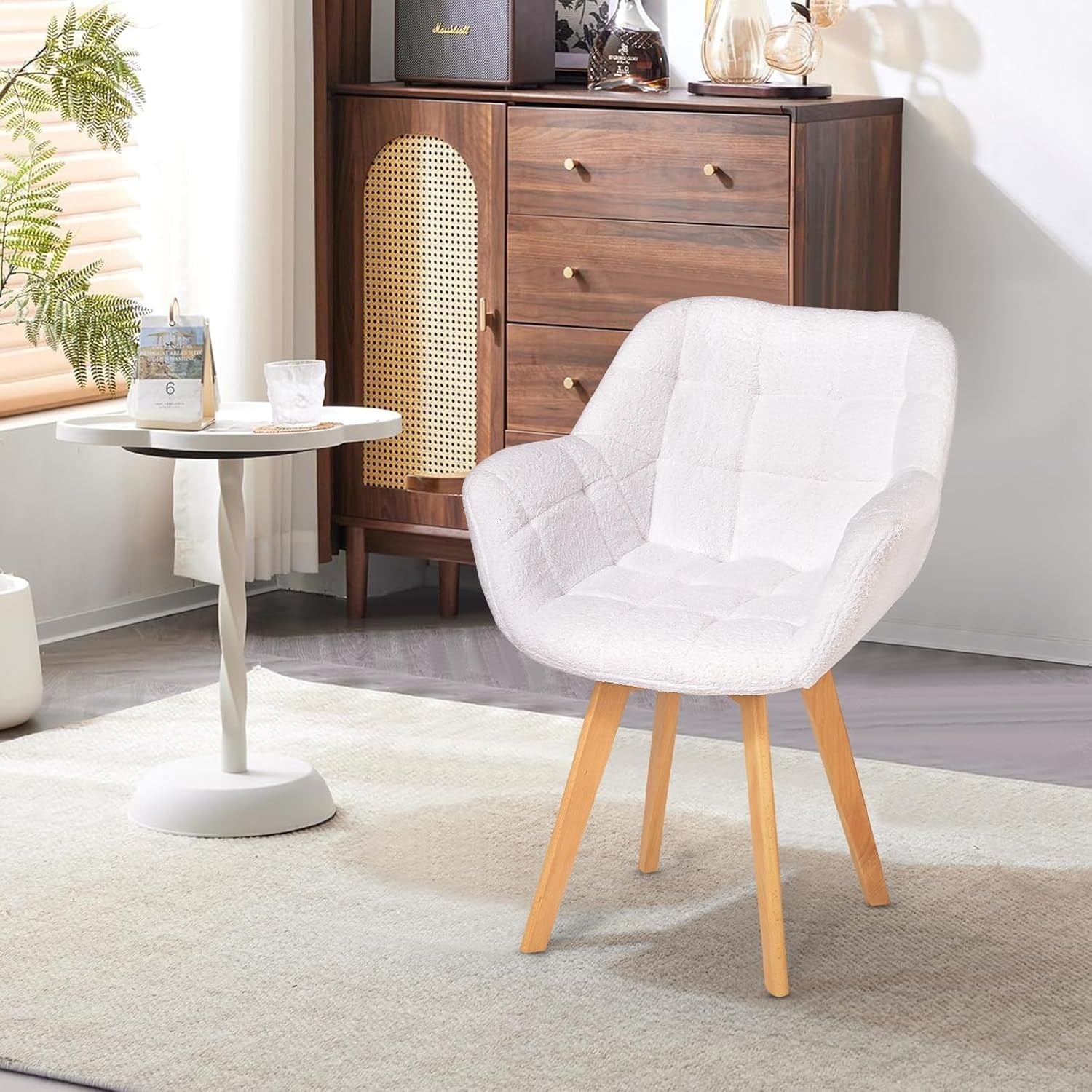 White Boucle Swivel Tub Chair Accent Armchair Wood Legs