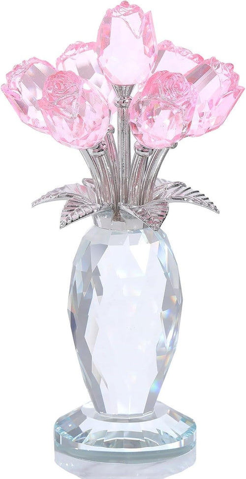 Pink Crystal Rose Bouquet Ornament Glass Flower Figurine Gift for Mum Wife Decor