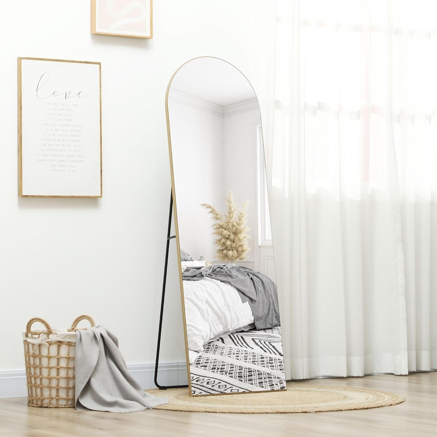 Full Length Arched Frameless Wall Mirror 50x150cm Gold Tone Stand Lean