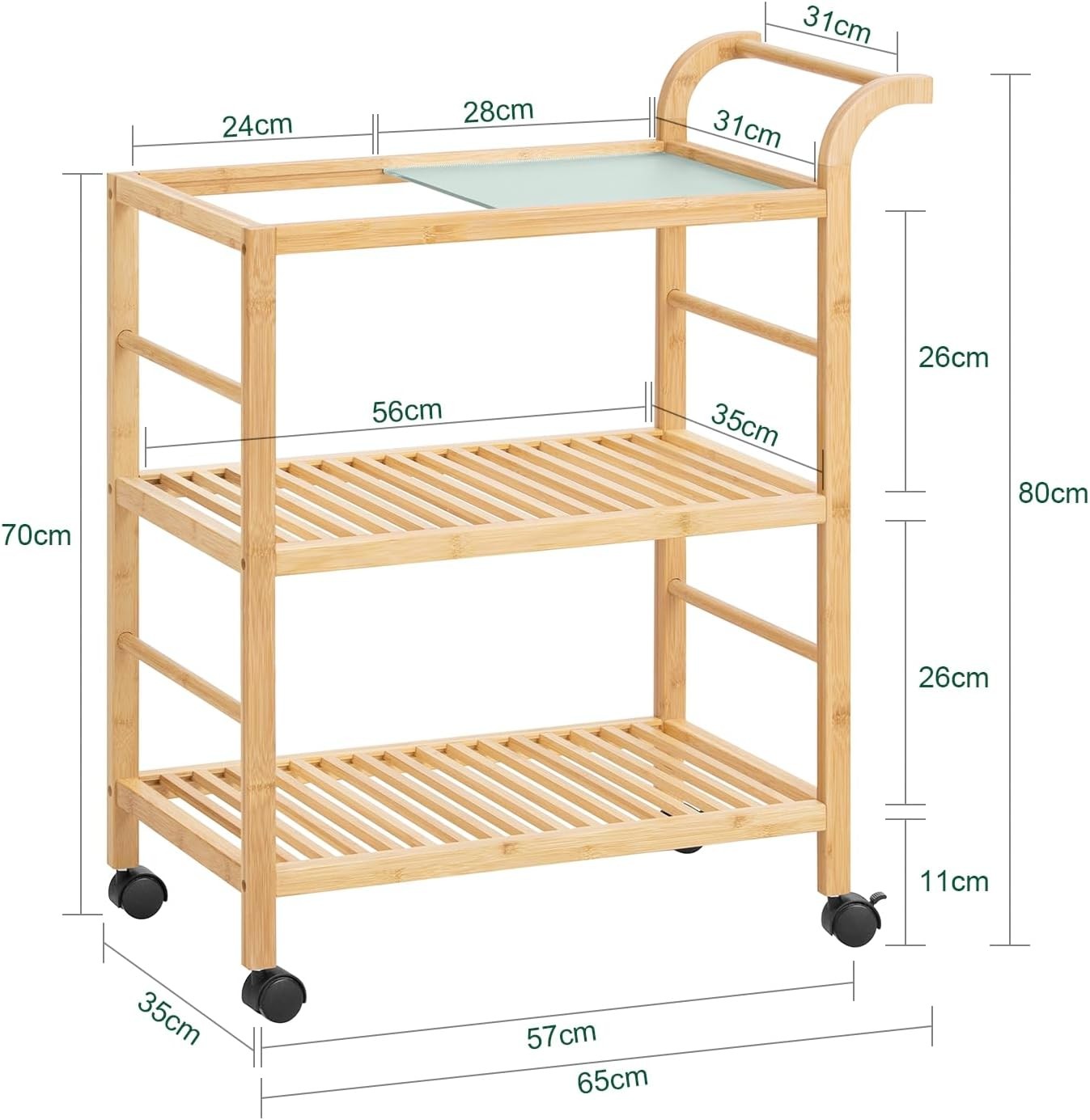 3 Tier Kitchen Trolley Cart Bamboo Storage Shelves Glass Top Wheels