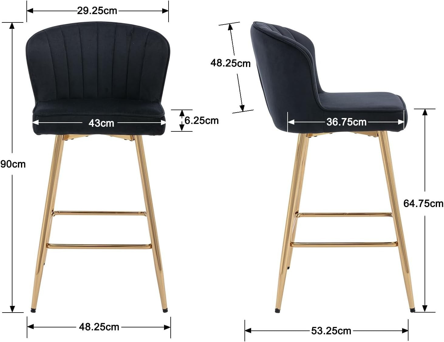 Set of 2 Black Velvet Bar Stools with Gold Metal Legs – Adjustable Counter Chair